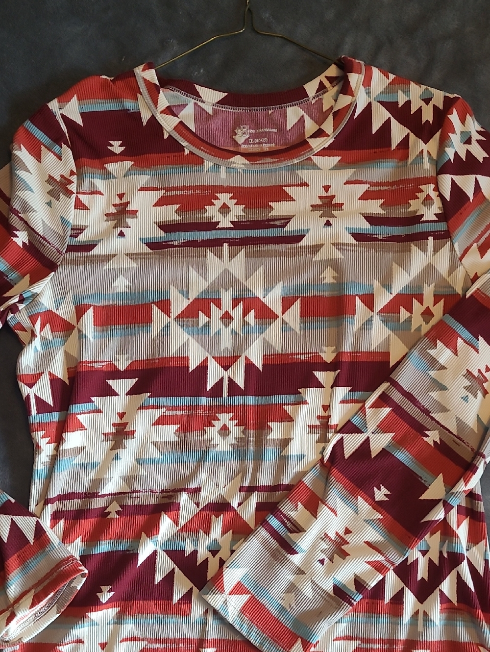 Southwestern Print Long Sleeve Top - Burgundy, Cream, Teal